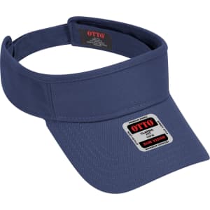 A navy blue sun visor with a wide brim and a branded label on the front.