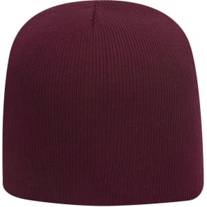 A classic knit beanie in a deep burgundy colour, featuring ribbed texture and a logo.