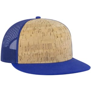 A trucker cap featuring a cork front and blue mesh back with a flat brim. It has a logo on the front.