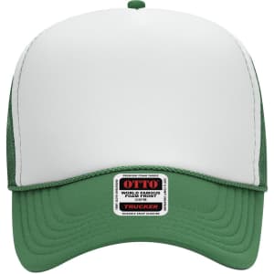 A green and white 5-panel mid-profile trucker cap featuring a mesh back and a logo on the front.
