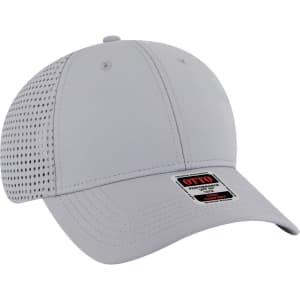A light grey 6 panel low profile baseball cap with mesh side panels and a branding label.
