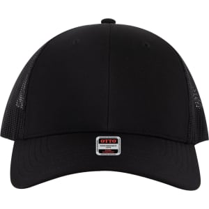 A black low-profile trucker cap featuring mesh panels and a logo tag on the front.