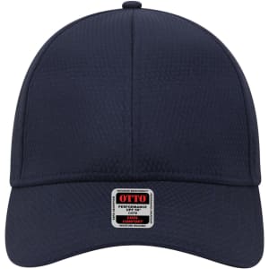 A UPF 50+ six-panel low profile baseball cap in navy blue with a logo on the front.