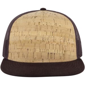 A 5 Panel Pro Style Trucker Cap featuring a neutral cork front and dark brown brim with mesh side panels.