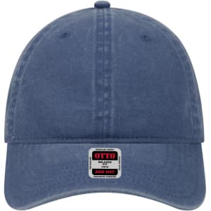 A navy blue 6 Panel Low Profile Dad Cap with a logo on the front. The cap features a curved brim and ventilation holes.