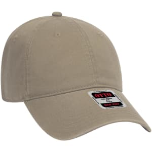 A low-profile dad cap in a neutral beige colour, featuring a logo and an adjustable strap at the back.