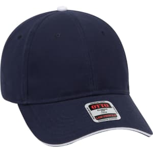 A navy blue 6 panel low profile baseball cap with a white button on top and a logo label on the side.