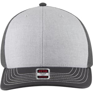 A grey and charcoal 6-panel mid-profile trucker cap with a mesh back and branded label on the front.