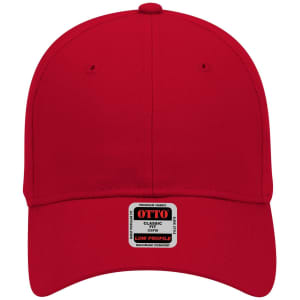 A red low-profile baseball cap with a label and a curved brim. It features a logo on the front.