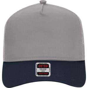 A 5 Panel Mid Profile Trucker Cap in grey with a navy peak and a logo on the front.