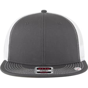A grey mid-profile trucker cap with a grey undervisor and mesh side panels, featuring a logo on the front.