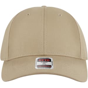 A beige 6 panel low profile baseball cap with a logo on the front and ventilation holes.
