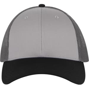 A 6 Panel Low Profile Trucker Cap featuring a grey front and black visor, with mesh side and back panels.