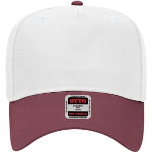 A mid crown baseball cap with a white front and a maroon brim, featuring a logo on the side.