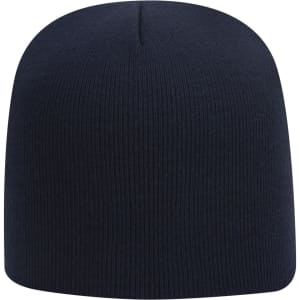 A classic knit beanie in navy blue with a ribbed texture and a rounded top. Features a logo.