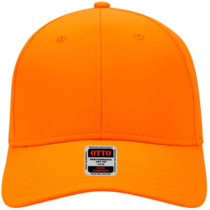 A bright orange UPF 50+ 6 panel low profile baseball cap with a branded label on the front.