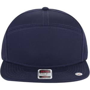 A navy 7 panel mid profile snapback cap with a flat bill and a logo on the front.