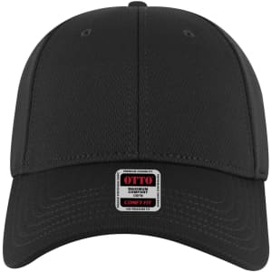A black low profile baseball cap with a six-panel design and a branding label on the front.