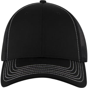 A black 6 panel low profile trucker cap featuring mesh sides and contrasting white stitching, with a logo on the front.