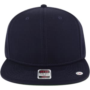 A navy blue snapback cap with a flat brim and a green undervisor. It features a logo on the front.