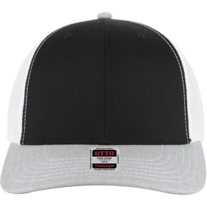 A black and white 6-panel mid-profile trucker cap with a grey brim and a logo on the front.