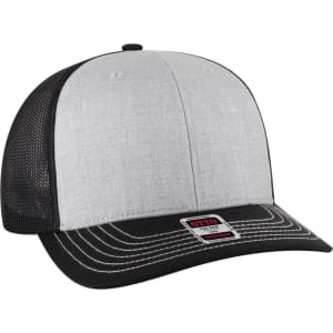 A grey and black 6 panel mid profile trucker cap with a mesh back and a stitched visor, featuring a logo.