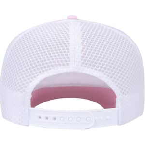 A high crown trucker hat with a pink front panel and white air mesh back, featuring an adjustable strap.