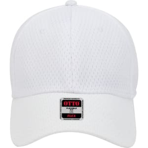 A white 6 panel low profile baseball cap with a mesh design and a branded label on the front.