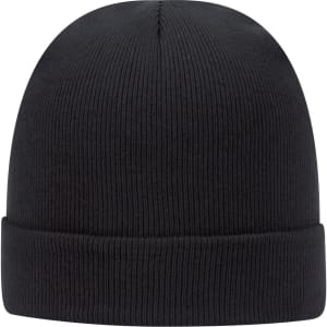 A black classic knit beanie with a folded cuff and ribbed texture; features a logo.