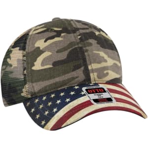 A camo trucker dad cap featuring a low profile design with an American flag brim and a logo on the front.