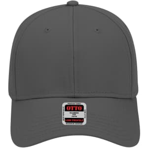 A grey six-panel low profile baseball cap with a logo tag at the front.