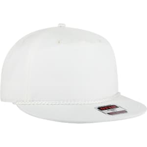 A white 5-panel snapback cap with a flat brim and a decorative chain detail, featuring a logo.