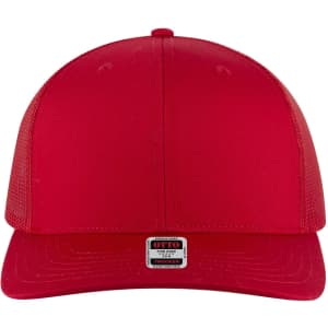 A red 6 panel mid-profile trucker cap with mesh sides and a branded label on the front.