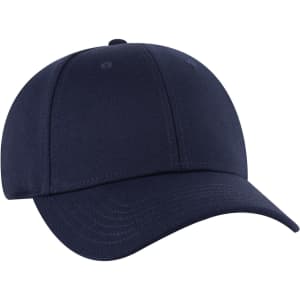 A navy blue low-profile baseball cap featuring a six-panel design and a logo on the front.