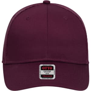 A maroon 6 panel low profile trucker cap featuring a mesh back and a label on the front.