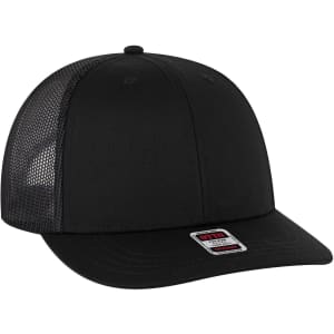 A black 6 panel mid-profile trucker cap with a mesh back and an adjustable strap, featuring a logo.