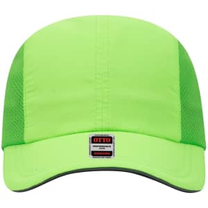 A reflective six-panel running cap in bright green, featuring mesh sides and a logo on the front.