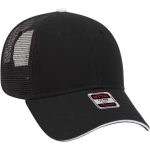 A black low profile trucker cap with a mesh back and a logo on the front.