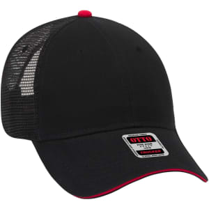 A black 6 panel low profile trucker cap with a mesh back and red accents, featuring a logo on the front.