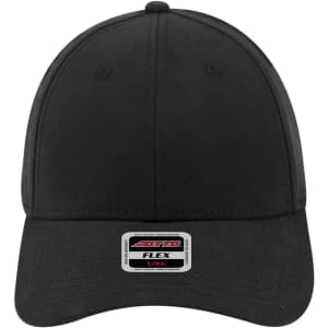 A black 6-panel low profile baseball cap featuring a logo on the front.