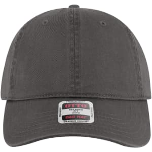 A grey 6-panel low profile dad cap with a branded logo on the front.