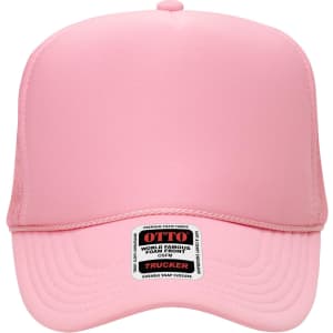 A pink 5 panel high crown trucker cap featuring a foam front and a mesh back, complete with a logo.