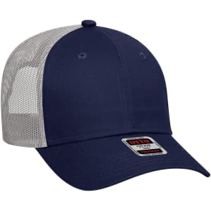 A navy blue 6 panel low profile trucker cap with a mesh back and a branding logo.