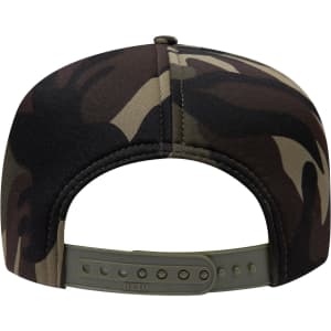 A camouflage cap featuring a high crown and full foam design, with an adjustable strap at the back.