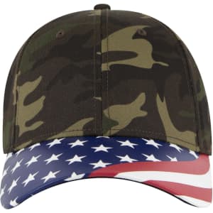 A camouflage baseball cap featuring an American flag design on the visor and a logo on the front.