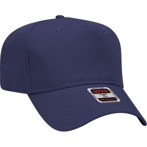 A navy blue 5 panel mid crown baseball cap with a logo on the front.