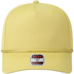 A yellow 5 panel mid profile baseball cap with a braided trim and a logo label on the front.