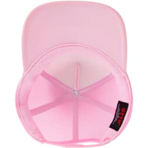 A pink 5 panel high crown air mesh back trucker hat featuring a branded label inside.