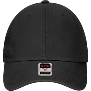 A black 6-panel low profile dad cap with a logo on the front. It has a relaxed fit and is made of soft fabric.