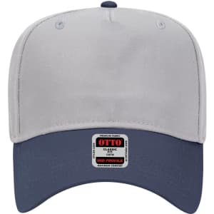 A grey and navy blue 5 panel mid crown baseball cap with a logo on the front.